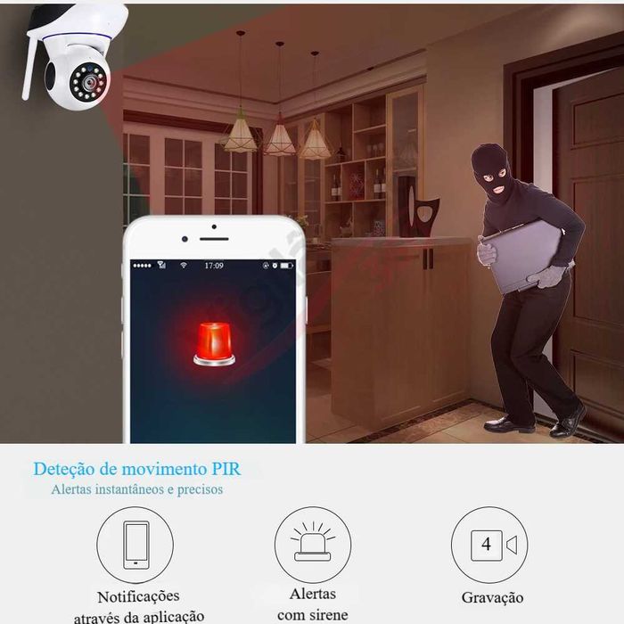 Câmera Vigilância WiFi Full HD 1080p, Visão Noturna, Rotação 360°, App