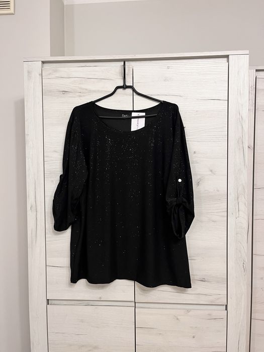 Czarna bluzka XXXL miki modna kiecka z rękawem 3/4 błyszcząca nowa