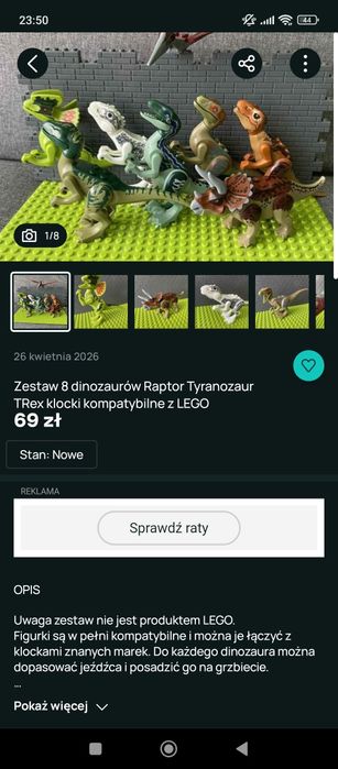 Komplet zestaw 6 figurek dinozaurów klocki konstrukcyjne