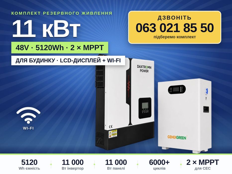 Комплект "БУДИНОК" 11 кВт LiFePO4 5.12 кВт·год 2 MPPT резервне живлення