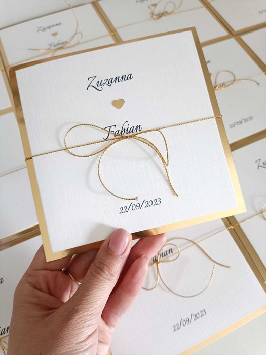 Zaproszenia ślubne złote serduszko Glamour klasyczne