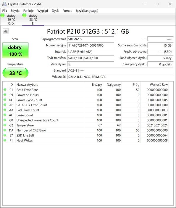 Dysk SSD 512GB PATRIOT P210 używany