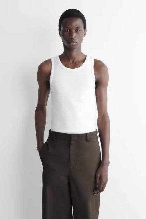 Майка COS Slim Ribbed Cotton Tank Top чоловіча біла в рубчик