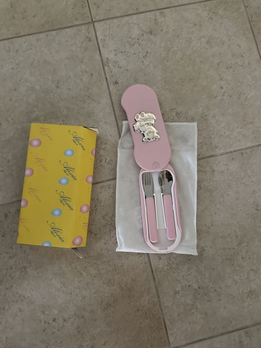 Conjunto de talheres de prata para batismo,