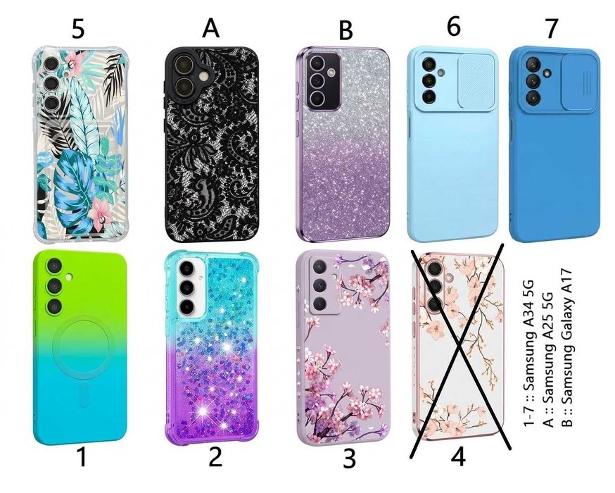 Nowe etui do telefonu Samsung A34 5G (modele 1-7) oraz do Samsung A25 5G (model A), do Samsung Galaxy A17 (model B).