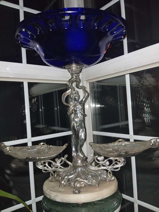 Большая Ажурная Ваза стиль Альфонса Мухи Мрамор Бронза Синее Стекло 57