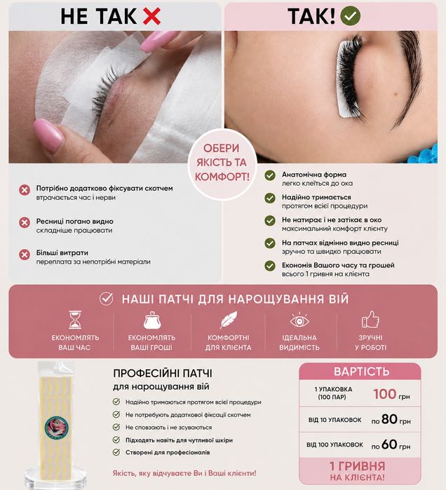 Патчи под глаза для наращивания ресниц | Не нужен скотч | 120 грн. 100 пар