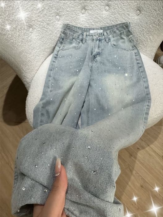 Джинсы женские бегги штаны со стразами блестящие модные типо zara bershka H&M mango