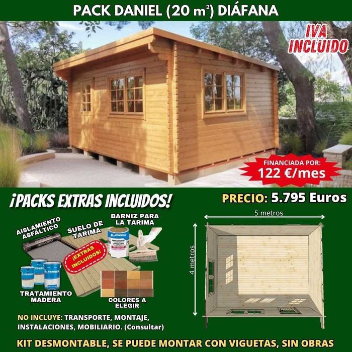 Casa de Madeira para Jardim -  Modelo DANIEL de 20m² (5x4) – Pack Completo