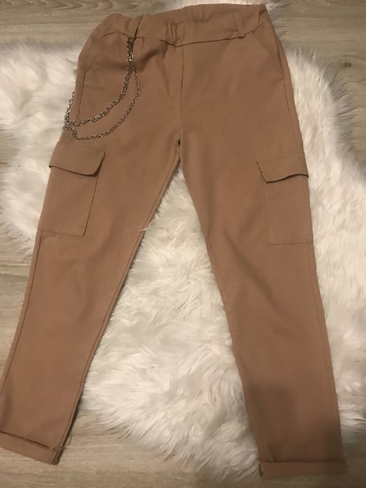 Spodnie kamel beż bojówki rurki z łańcuszkiem rozm S/M