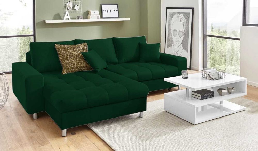 Narożnik, kanapa z funkcją spania i pojemnikiem na sprężynach-Czarny