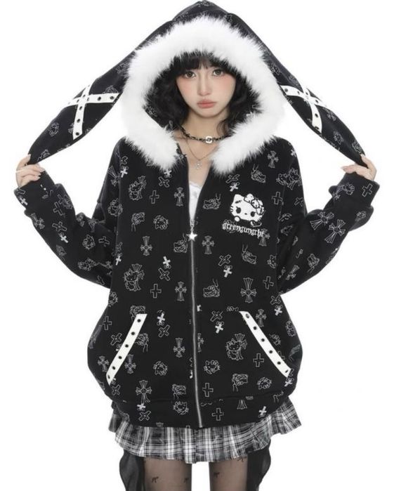 Зіпка з довгими вушками Hello kitty gothic grunge y2k