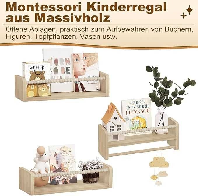 Zestaw 3 wiszących półek na książki dla dzieci, 50 cm, regał ścienny