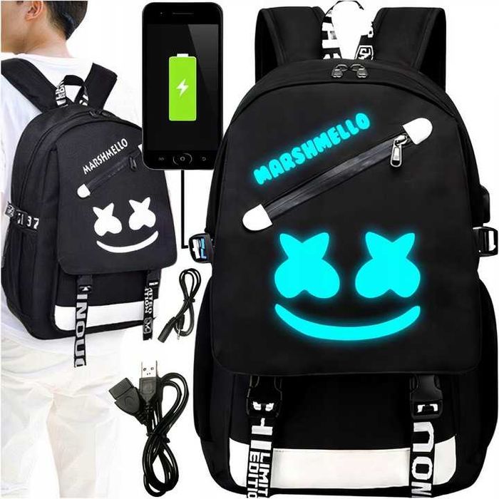 PLECAK SZKOLNY świecący marshmello usb kłódka