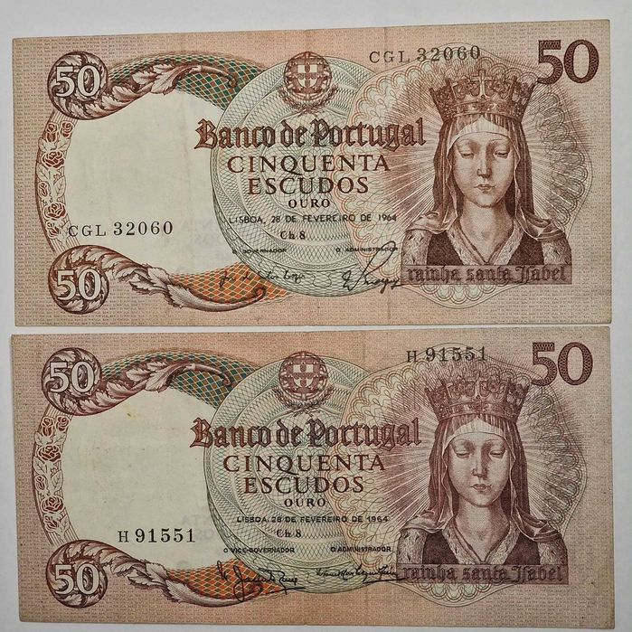 Lote 5 notas de Escudos – 1964 a 1996 – Banco de Portugal