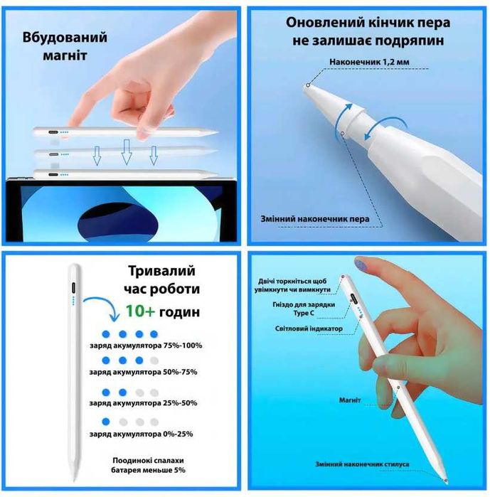 Активный универсальный стилус для письма и рисования емкостный белый
