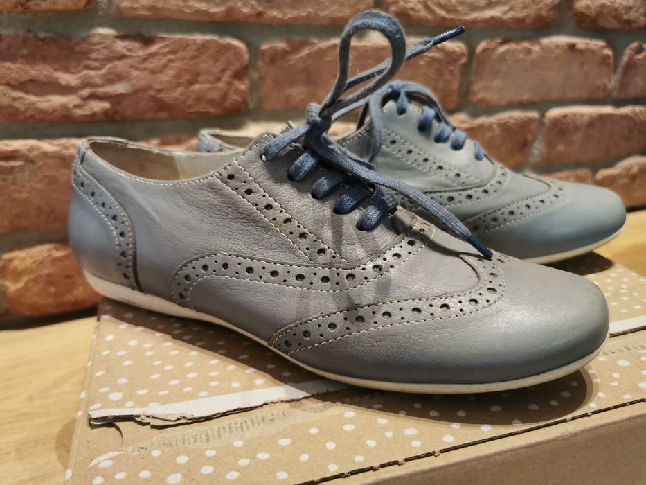 Póbuty damskie, jazzówki Bellissimo shoes, niebieskie, skórzane