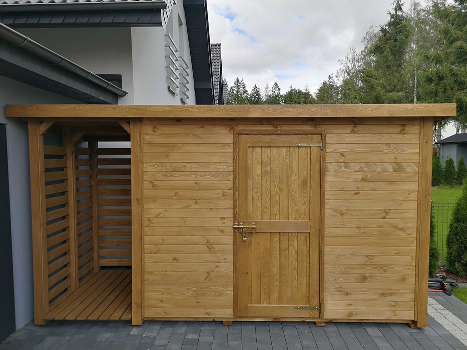 Domek narzędziowy z drewutnią 4 x 1,5m, solidna zabudowa ogrodowa