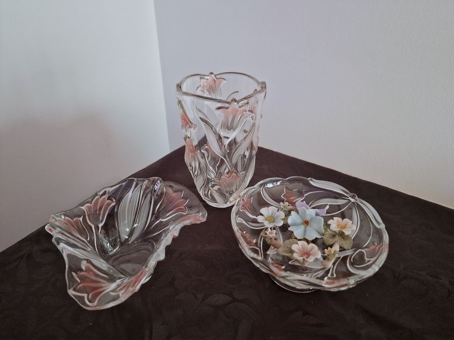 Conjunto Vintage de Cristal Mikasa Germany centro de mesa Tulipas Rosa