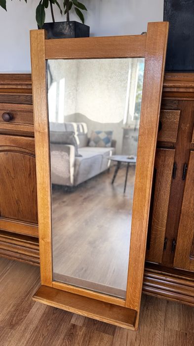 Solidne Lustro Dębowe z Półką i Wieszakami  PRL Vintage