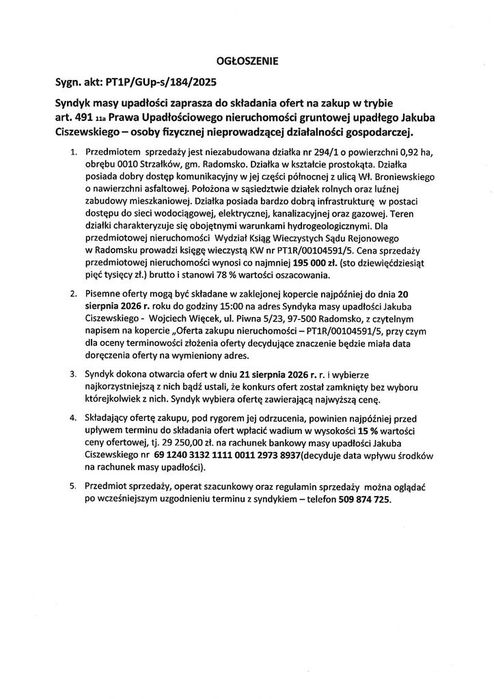 Syndyk masy upadłości sprzeda grunt orny.