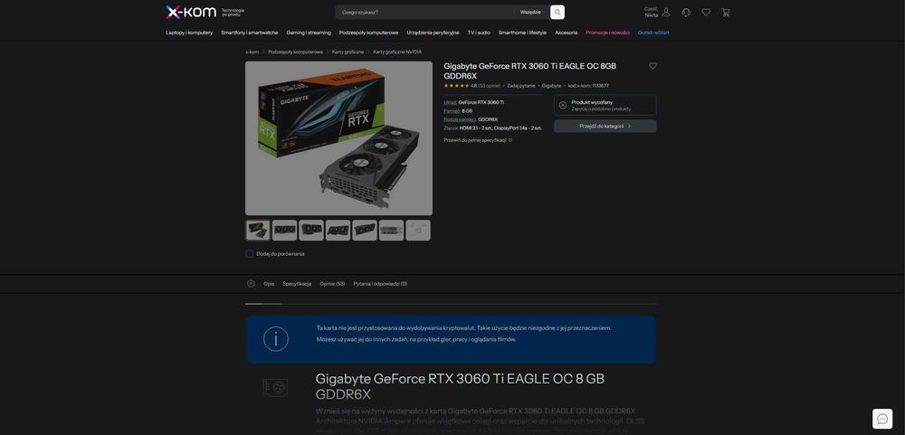GIGABYTE RTX 3060Ti Eagle OC 8GB (Na Samsung pamieci)