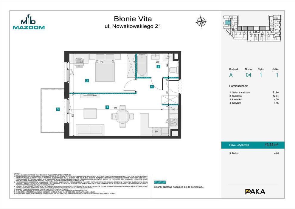 2-pokojowe mieszkanie 43m2 + balkon
