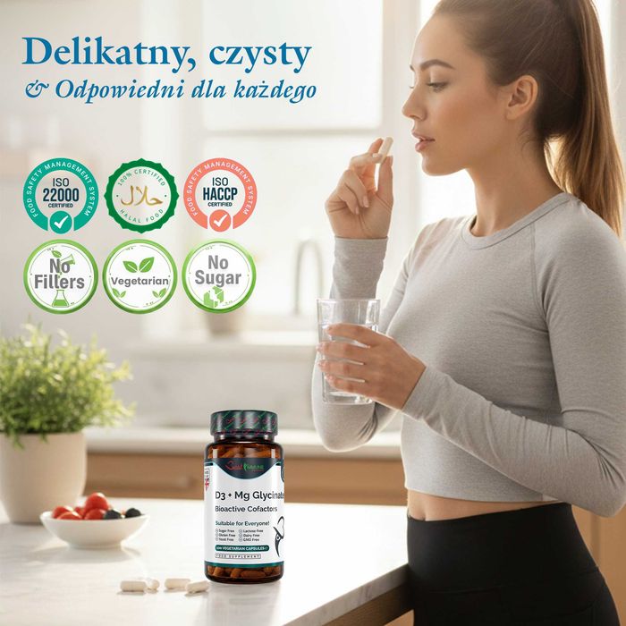 Glicynian Magnezu 400mg Witamina D3 1000IU Naturalny Biodostępny