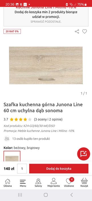 Szafka kuchenna nad okap dąb sonoma 60 cm Junona BRW