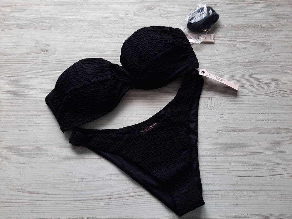 Черный купальник Victoria's secret пуш-ап сдельный бандо стринги S M L