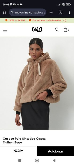 Casaco Pelo Sintético Capuz, Mulher, Bege, Modalfa