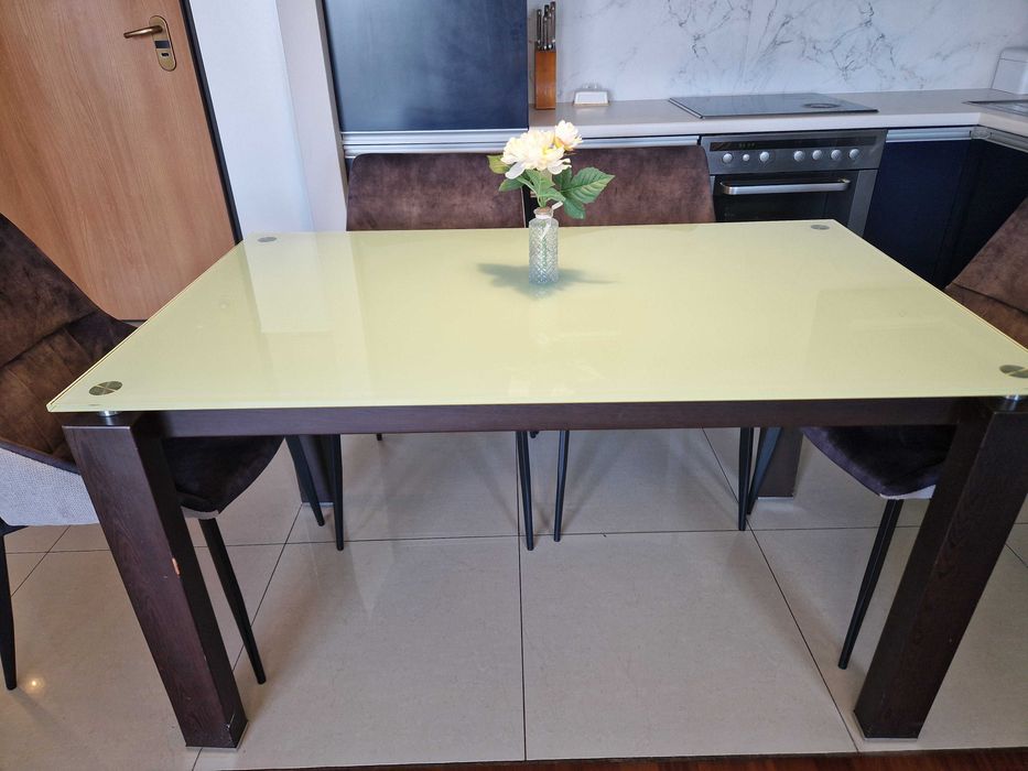 Duży stół szklany 160x90 | mleczne szkło | wenge | 6 osób