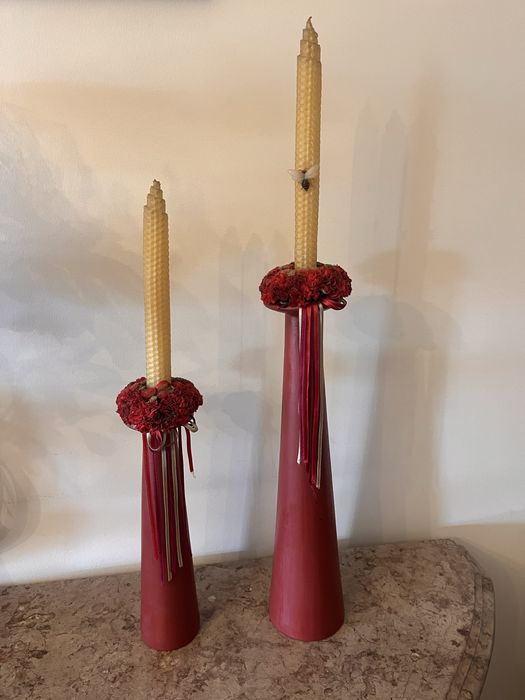 Par de castiçais em cerâmica (como novos) com enfeites para mesa