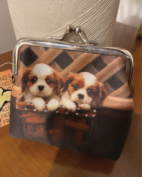 Porta moedas castanho com ilustração