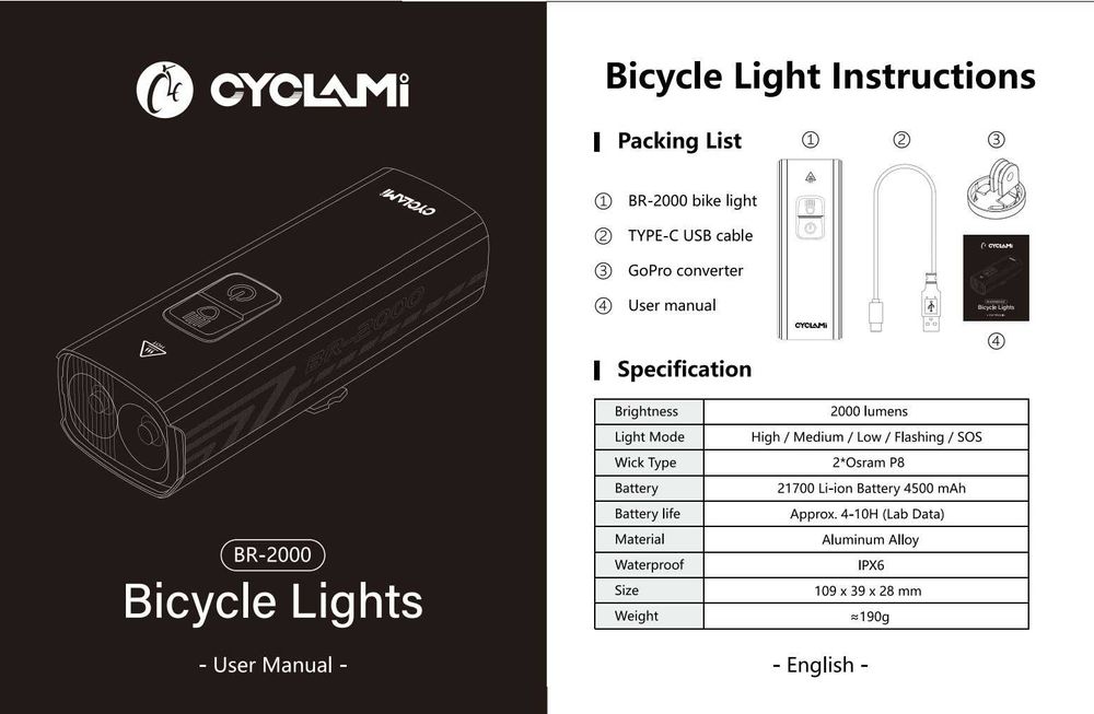 Cyclami br 2000 велосипедный фонарь, велофара 2000 лм, 4500 mAh