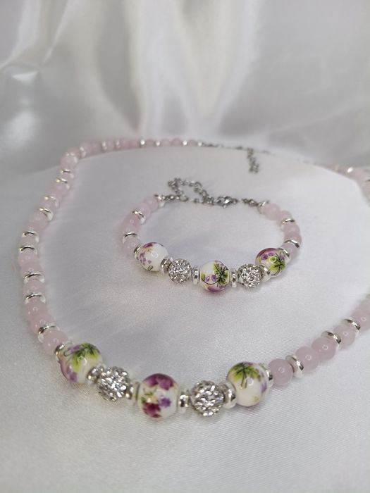 Komplet biżuterii Handmade Różany Ogród z kwarcu różowego