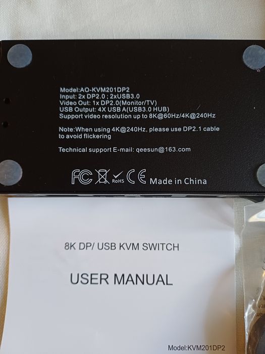 KVM Switch DisplayPort 2.0 8K 60Hz/4K 240Hz USB 3.0 Aoocoo