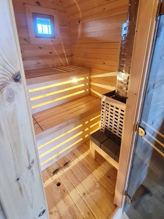 SAUNA Ogrodowa Beczka 2m Gotowa, Bez montażu (235x200 cm) + Piec + LED