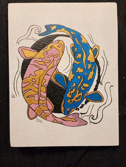 Obraz ,,Koi – harmonia Yin Yang (ręcznie malowane na drewnie)"