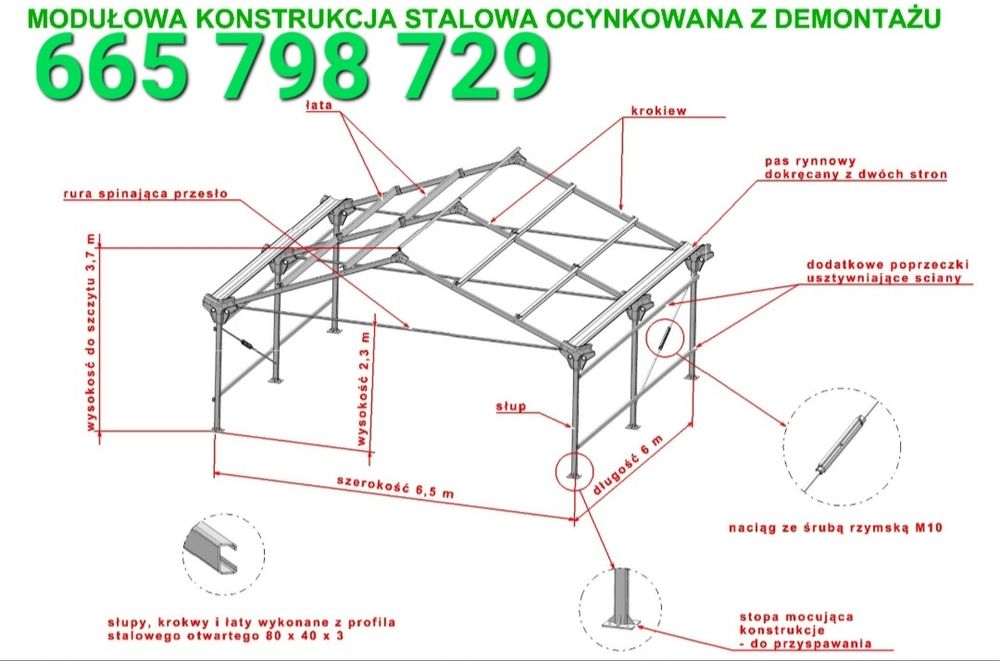 Konstrukcja stalowa ocynkowana modułowa 6.5x6 Hala wiata