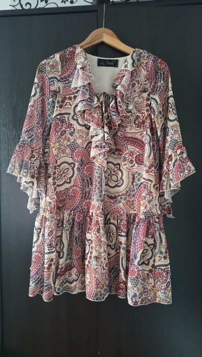 La Perla Sukienka krótka trapezowa boho aztecki wzór rękaw 3/4 luźna