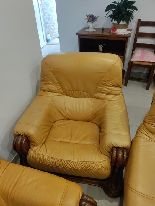 Sofás em pele e madeira maciça