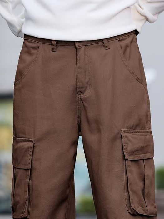 Męskie spodnie cargo baggy - szerokie nogawki - brązowe XL