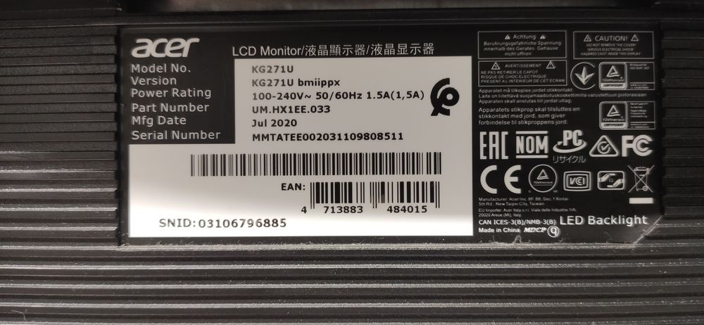 Ігровий монітор 2К 27' Acer KG271U, 75 Гц.