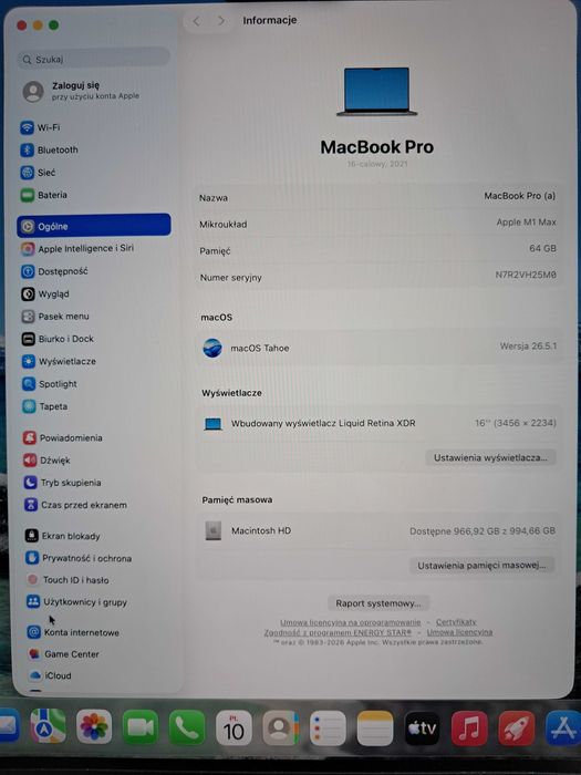 Laptop Apple Macbook Pro M1 Max 2021 16,2" 64 GB / 1 TB 32 rdzenie GPU