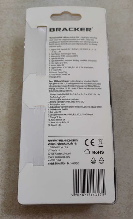 Kabel HDMI marki Bracker. 3 metry