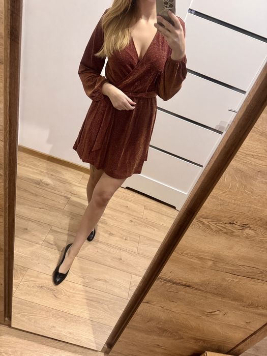 Sukienka kopertowa L ceglana ceglasta brokat