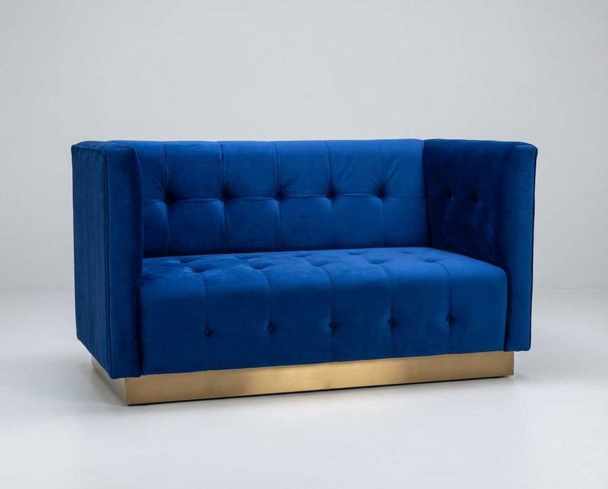 Sofá 2 Lugares Veludo Azul + Base Dourada — Porto