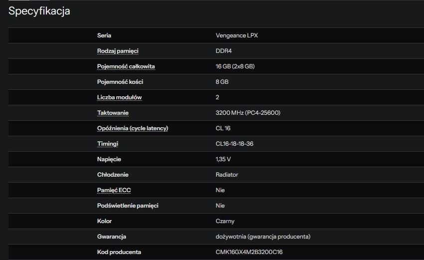 Pamięć RAM Corsair 16 GB (2x 8GB) 3200MHz CL16 DDR4 2x8 GB 16GB