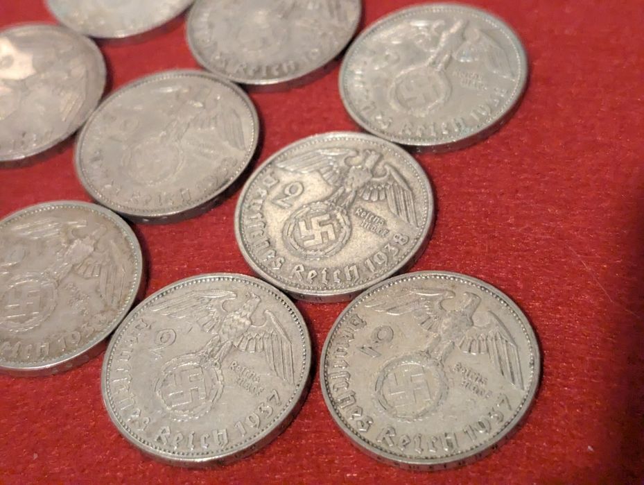 Srebrne niemieckie monety 2 marki Hindenburg 1937 trzecia rzesza